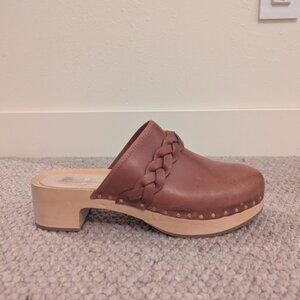 Loeffler Randall Polina Braided Leather Wood Clogs Cognac Brown 8.5